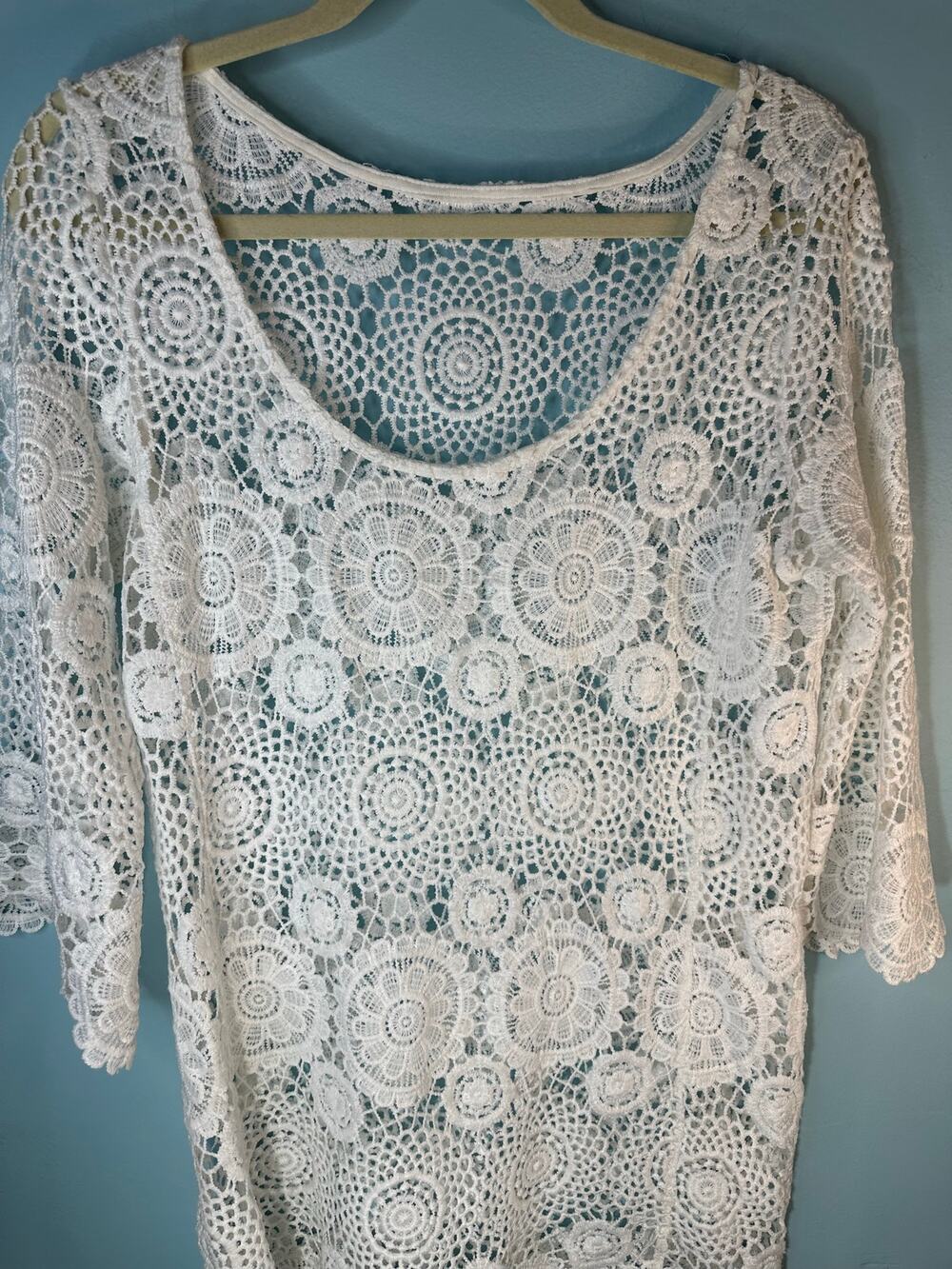 white crochet lace dress boho swim cover-up/mini dress 3/4 sleeves Size M/L